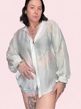 Mango Sheer White Button-Up Blouse